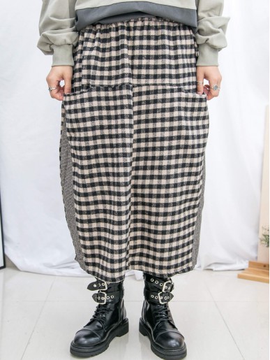 2115-1305A - 日系・泡泡 -前兩袋 X 橡根腰 ,  大 , 細格仔薄絨絨料半截裙 (韓國) 0